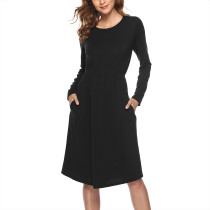 Black Solid Color Side Pockets Midi Dress 