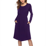 Dark Purple Pocket Long Sleeve Knit Causal  Midi Dress 