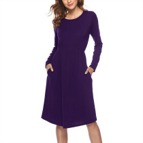 Dark Purple Pocket Long Sleeve Knit Causal  Midi Dress 