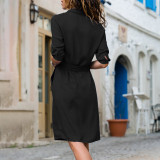 Black Tie Waist 3/4 Sleeve  Midi Dress 