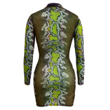 Green Snake Pattern Bodycon Dress Long Sleeve Mini Length 