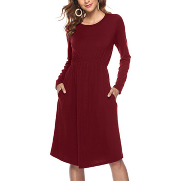 Wine Red Elastic Waist Full Sleeve Midi Dress 