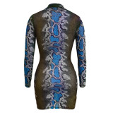 Blue Polyester Snake Pattern Dress Long Sleeve Mini Dress