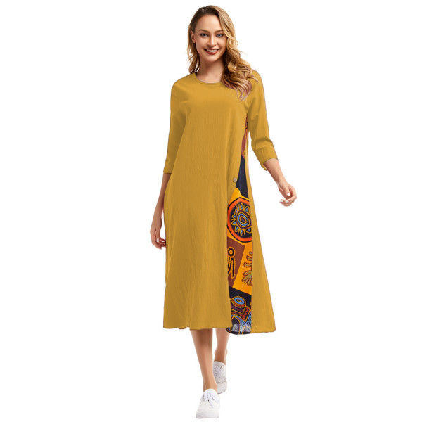 Yellow Fabulous Round Collar Big Size Midi Dress 