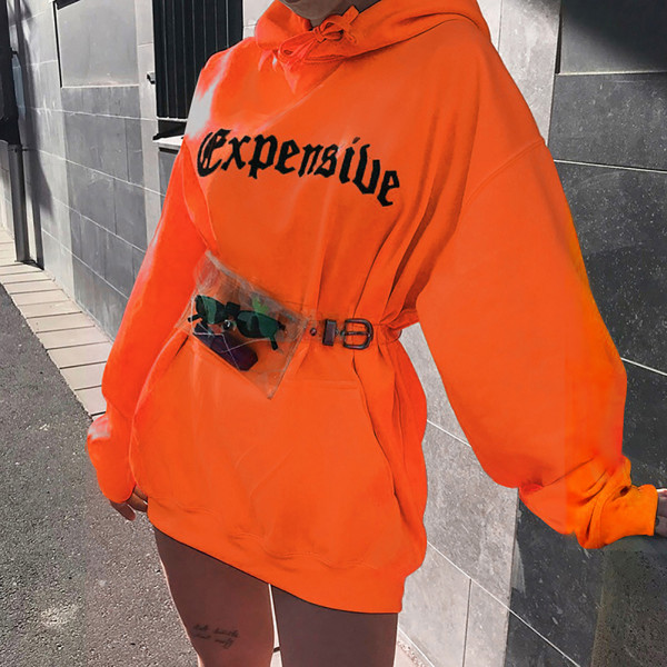 Orange Full Sleeves Letter Printed Hoodie Casual Clothing