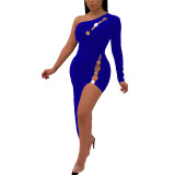 Blue Metal Decor Bodycon Dress Irregular Shoulder Casual Fashion