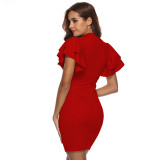 Red Ruffle Sleeve Bodycon Dress Stylish Neck Dress