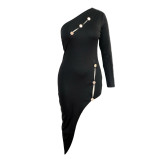 Black Long Sleeve Bodycon Mini Dress Asymmetric Hem Sheath