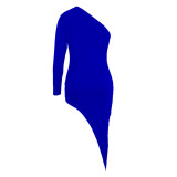 Blue Metal Decor Bodycon Dress Irregular Shoulder Casual Fashion