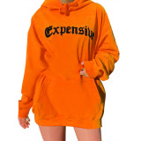 Orange Full Sleeves Letter Printed Hoodie Casual Clothing