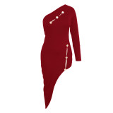 Casually Wine Red Single Shoulder Bodycon Dress Hollow Out