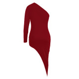 Casually Wine Red Single Shoulder Bodycon Dress Hollow Out