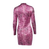 Pink Long Sleeves Bodycon Dress Leopard Print Sale Online