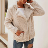 Casual Apricot Slanted Zipper Plush Jacket With Pocket Going Out Outfits 