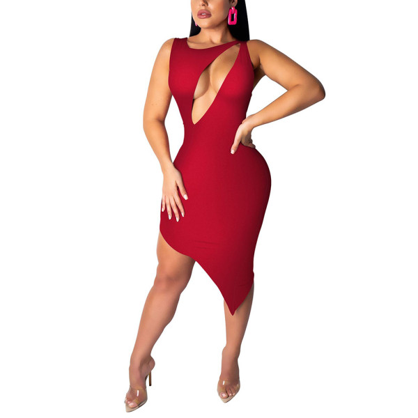 High-Low Hem Wine Red Cut Out Bodycon Dress Crew Neck