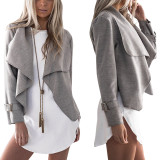 Grey Turndown Collar Wool Cardigan Full Sleeves Coat Women Outfits