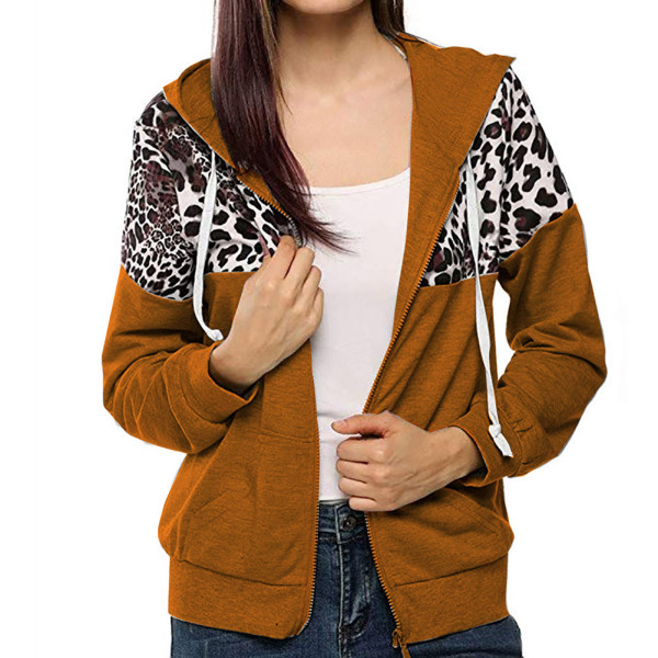 Deep Brown Drawstring Hooded Leopard Zipper Jacket