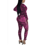 Rose Red Camo Printed Long Sleeves Jumpsuit 