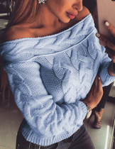 Light Blue Bare Shoulders Knitting Sweaters Natural Women Fashion