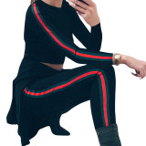 Black  Long Sleeves Striped Ribbed Cropped Suits