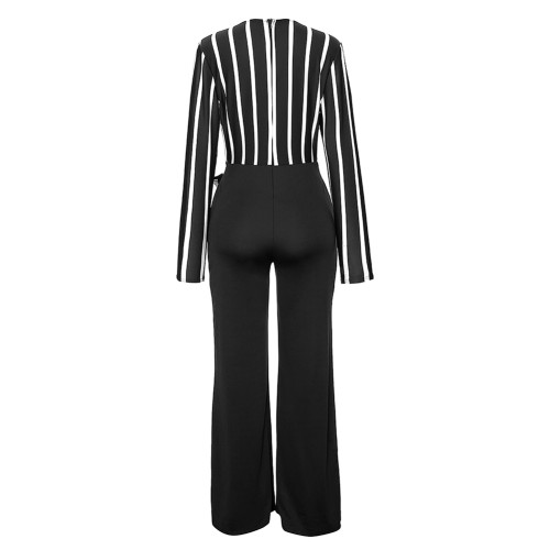 Black Long Sleeves Jumpsuit Stripe Stitching Heartbreaker