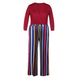 Wine Red Queen Size Stripes Wide Legs Jumpsuit 