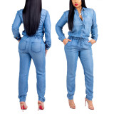 Blue Long Sleeves Drawstring Ankle Length Jumpsuit