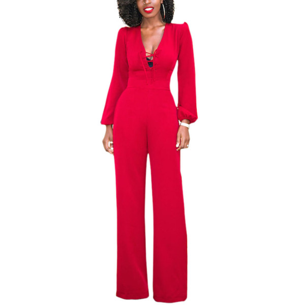 Red V Neck Wide Legged Puff Sleeves Jumpsuits