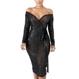 Black Bodycon Dress for Women Long Sleeve Midi Evening Dress