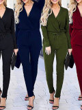 Blue Sexy Wrap Top Solid Color Long Sleeve Knit Jumpsuit