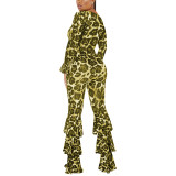 Yellow Leopard Pattern Long Sleeve Garment Jumpsuit 