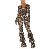 Brown Round Neck Leopard Print Jumpsuit