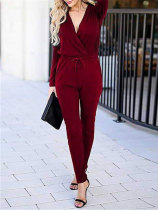 Red Wrap Top Ankle Length Long Sleeve Knit Jumpsuit
