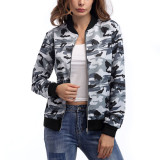 Exclusive Gray Stand-Up Collar Jacket Camo Pattern Female Clothing