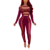 Red Formal Burgundy Long Sleeves Hollow Out Mesh Jumpsuit