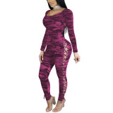 Rose Red Camo Printed Long Sleeves Jumpsuit 