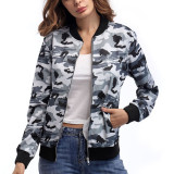 Exclusive Gray Stand-Up Collar Jacket Camo Pattern Female Clothing