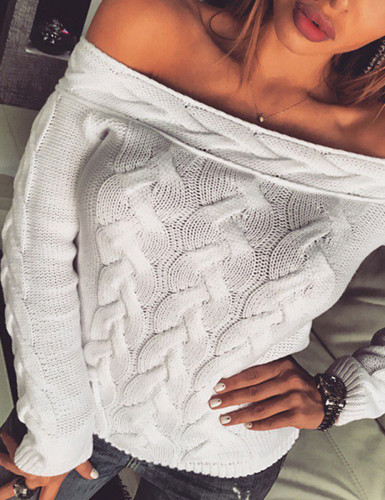 White Knitted Off Shoulder Sweater Long Sleeves Women's Apparel