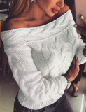 White Knitted Off Shoulder Sweater Long Sleeves Women's Apparel