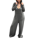 Grey Plain Hooded Oversize Long Sleeves Jumpsuits