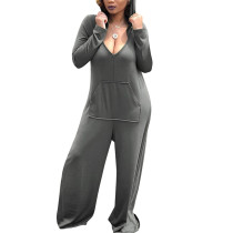 Grey Plain Hooded Oversize Long Sleeves Jumpsuits