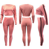 Pink Ribbed Stripes Full Length Sweatsuit 