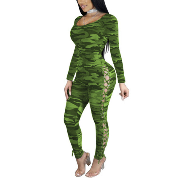 Green  Double Side Lace-Up Camouflage Jumpsuit