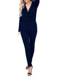 Blue Sexy Wrap Top Solid Color Long Sleeve Knit Jumpsuit