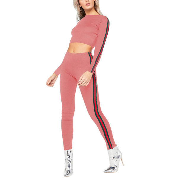 Pink Ribbed Stripes Full Length Sweatsuit