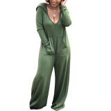 Army Green Full Sleeves Plunging Collar Romper Pocket