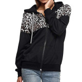 Black Leopard Patchwork Zipper Hooded Jacket Comfort Fabric