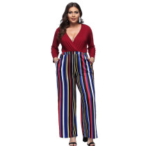 Wine Red Queen Size Stripes Wide Legs Jumpsuit