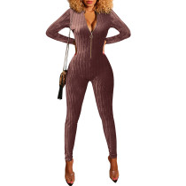 Wine Red Zipper Long Sleeve Tight Jumpsuit