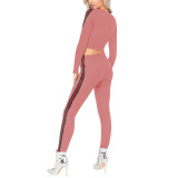 Pink Ribbed Stripes Full Length Sweatsuit 